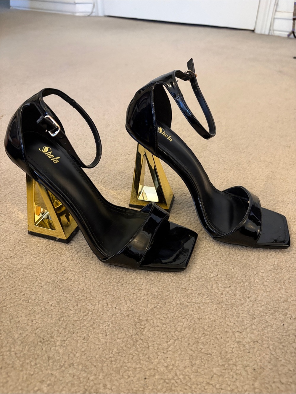 Square Toe Patent Leather Ankle-Strap Heels with Gold Geometric Block Heel, 8